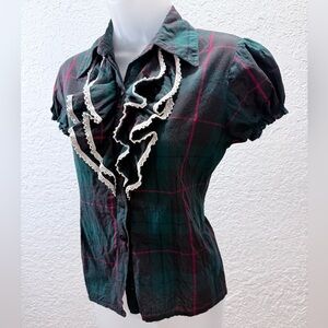 Plaid Ruffle Trim Women's Top